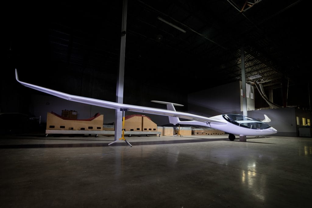 Swift-looking glider held in a hangar